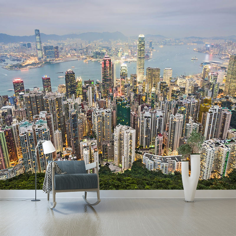 Full Size Cityscape Mural Decal Modern Enchanting Skyscrapers at Night Wall Art in Dark Color Clearhalo 'Wall Decor' 'Wall Mural' 1920488