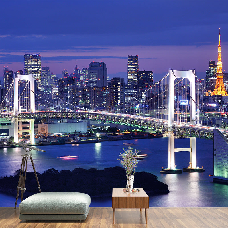 Full Size Cityscape Mural Decal Modern Enchanting Skyscrapers at Night Wall Art in Dark Color Purple Clearhalo 'Wall Decor' 'Wall Mural' 1920492