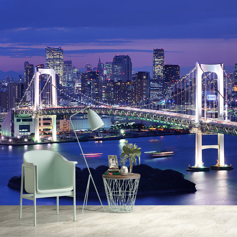 Full Size Cityscape Mural Decal Modern Enchanting Skyscrapers at Night Wall Art in Dark Color Clearhalo 'Wall Decor' 'Wall Mural' 1920493