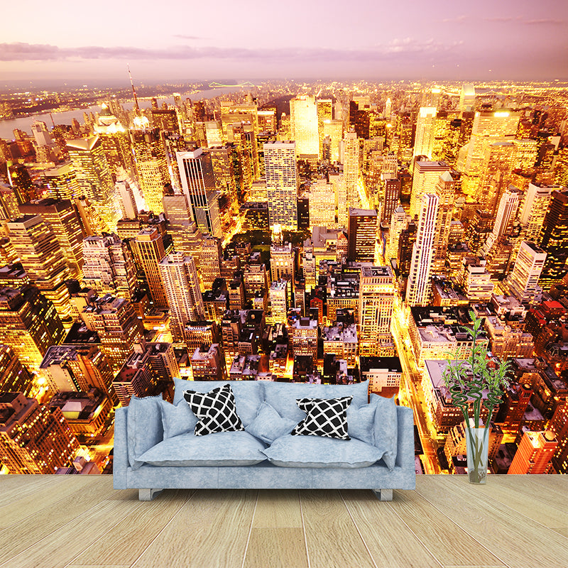 Full Size Cityscape Mural Decal Modern Enchanting Skyscrapers at Night Wall Art in Dark Color Brown Clearhalo 'Wall Decor' 'Wall Mural' 1920497