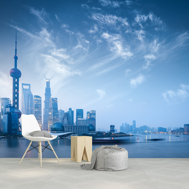 Full Size Cityscape Mural Decal Modern Enchanting Skyscrapers at Night Wall Art in Dark Color Light Blue Clearhalo 'Wall Decor' 'Wall Mural' 1920502