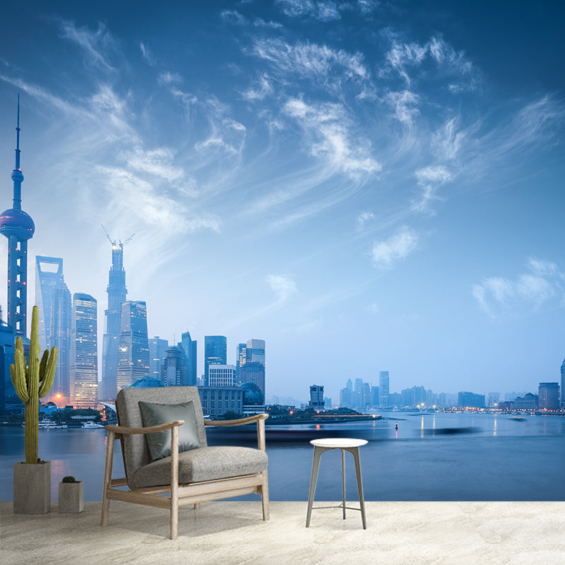 Full Size Cityscape Mural Decal Modern Enchanting Skyscrapers at Night Wall Art in Dark Color Clearhalo 'Wall Decor' 'Wall Mural' 1920503