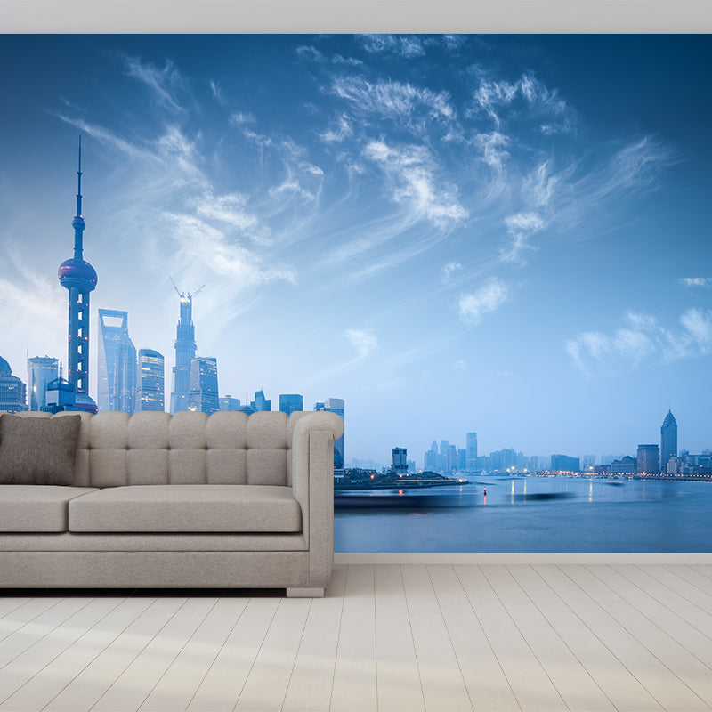 Full Size Cityscape Mural Decal Modern Enchanting Skyscrapers at Night Wall Art in Dark Color Clearhalo 'Wall Decor' 'Wall Mural' 1920504