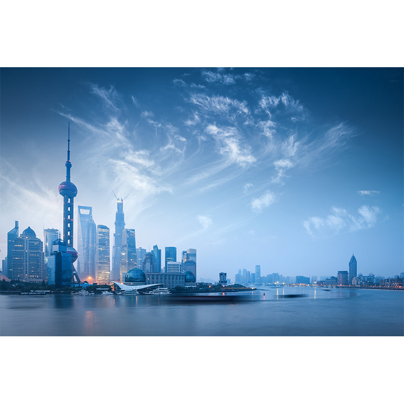 Full Size Cityscape Mural Decal Modern Enchanting Skyscrapers at Night Wall Art in Dark Color Clearhalo 'Wall Decor' 'Wall Mural' 1920505