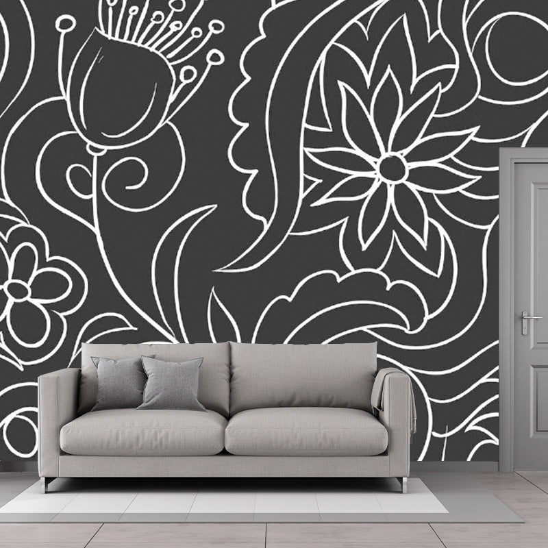 Black and White Minimalist Mural Wallpaper Whole Floral Wall Art for Living Room Black-White Clearhalo 'Wall Decor' 'Wall Mural' 1920555