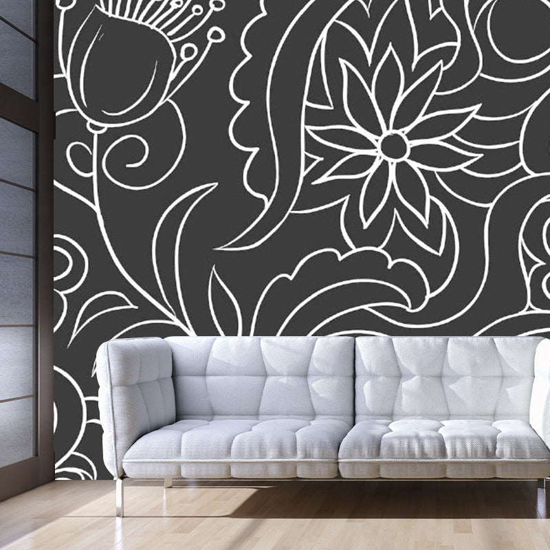 Black and White Minimalist Mural Wallpaper Whole Floral Wall Art for Living Room Clearhalo 'Wall Decor' 'Wall Mural' 1920556