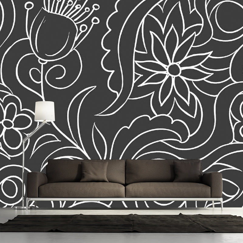 Black and White Minimalist Mural Wallpaper Whole Floral Wall Art for Living Room Clearhalo 'Wall Decor' 'Wall Mural' 1920557