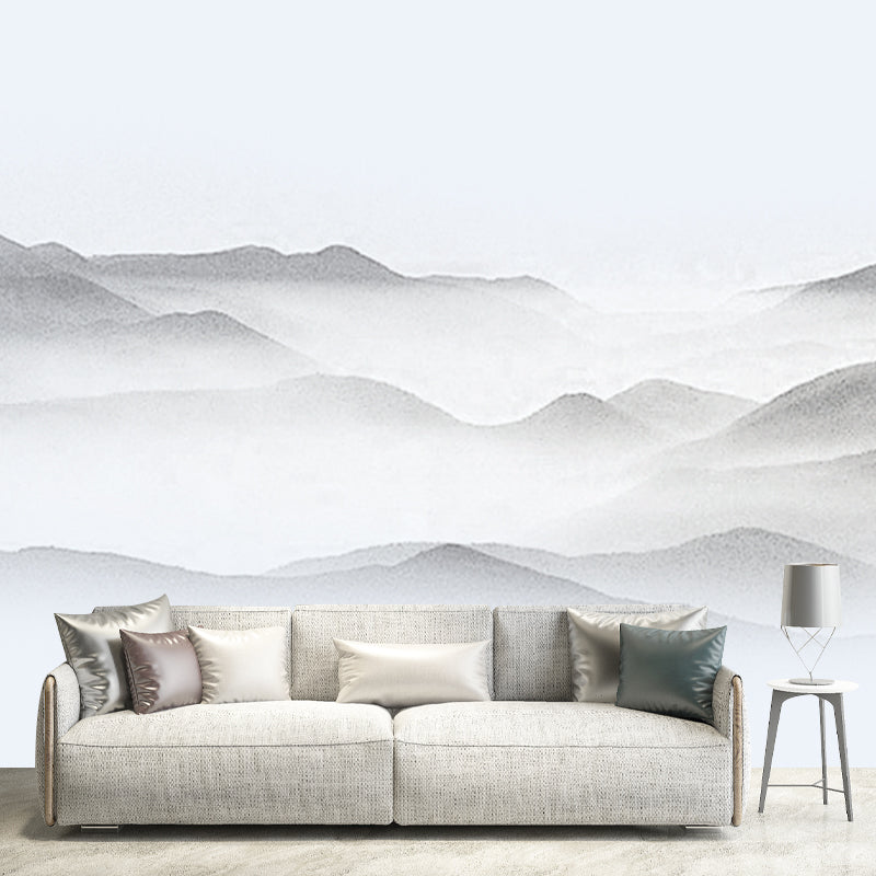 Extra Large Asian Mural Wallpaper in Gray Smoggy Mountain Wall Decor, Custom Printed Grey Clearhalo 'Wall Decor' 'Wall Mural' 1920610