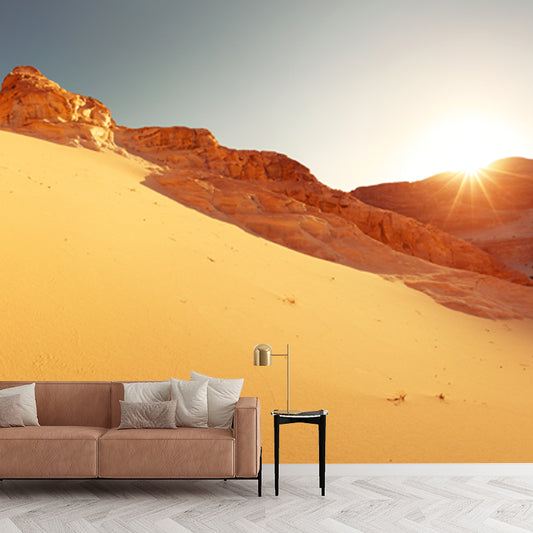Yellow Desert View Mural Sun Behind Backlit Mountain Modern Waterproof Wall Covering Clearhalo 'Wall Decor' 'Wall Mural' 1920726