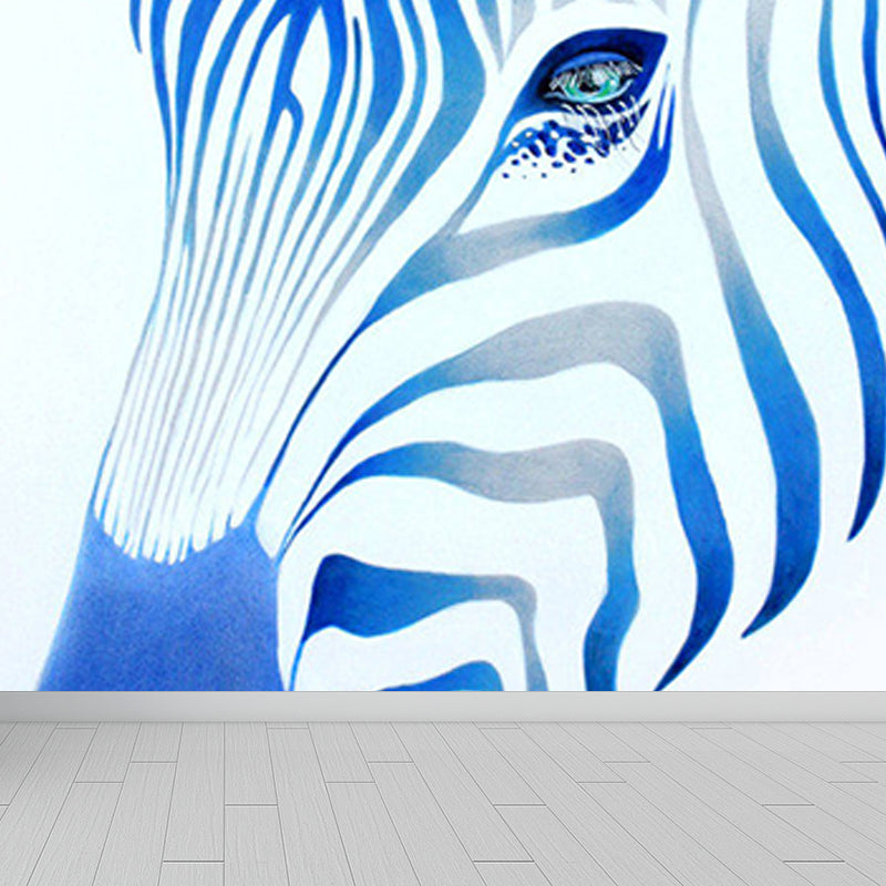 Contemporary Zebra Head Mural Non-Woven Stain-Proofing Soft Color Wall Art for Bathroom Blue Clearhalo 'Wall Decor' 'Wall Mural' 1920881