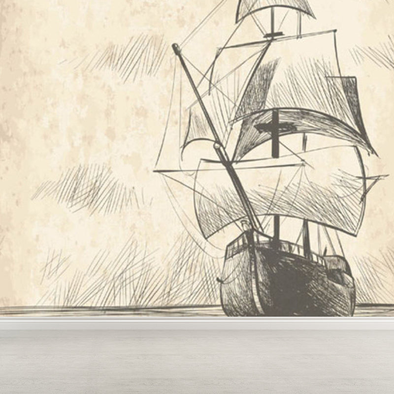 Modern Sailing Ship Mural Decal Pastel Color Guest Room Wall Art, Custom Printed Beige Clearhalo 'Wall Decor' 'Wall Mural' 1920886