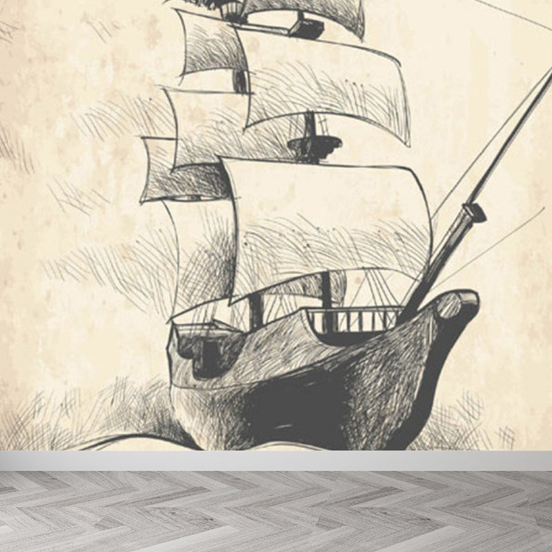 Modern Sailing Ship Mural Decal Pastel Color Guest Room Wall Art, Custom Printed Brown Clearhalo 'Wall Decor' 'Wall Mural' 1920891