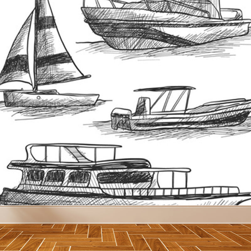 Modern Sailing Ship Mural Decal Pastel Color Guest Room Wall Art, Custom Printed Dark Gray Clearhalo 'Wall Decor' 'Wall Mural' 1920901