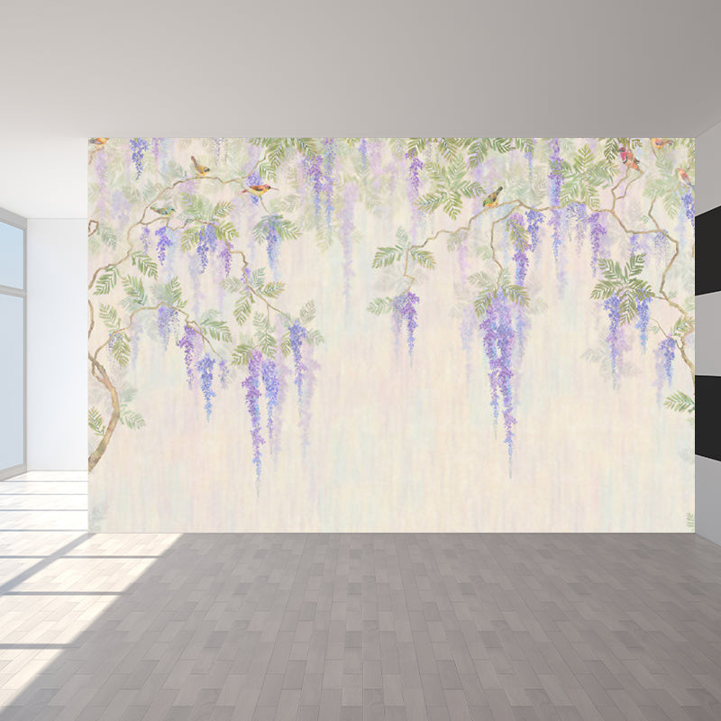 Full Size Illustration Modern Mural Decal with Flowers Trees and Birds in Soft Color Light Yellow Clearhalo 'Wall Decor' 'Wall Mural' 1920911