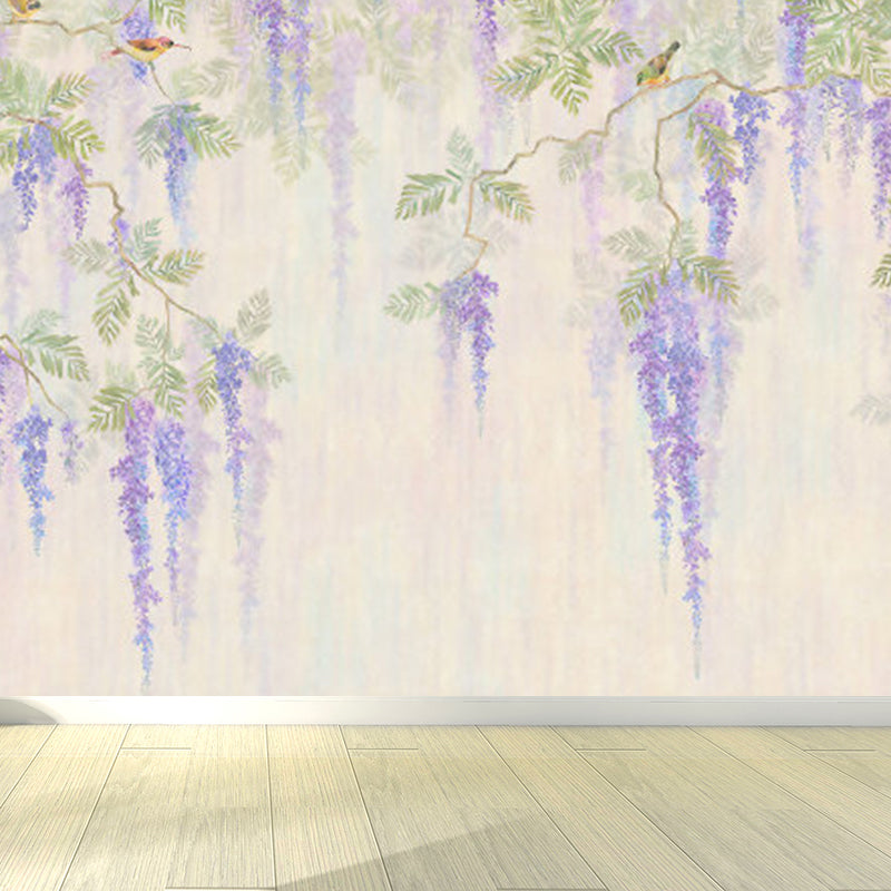 Full Size Illustration Modern Mural Decal with Flowers Trees and Birds in Soft Color Clearhalo 'Wall Decor' 'Wall Mural' 1920912