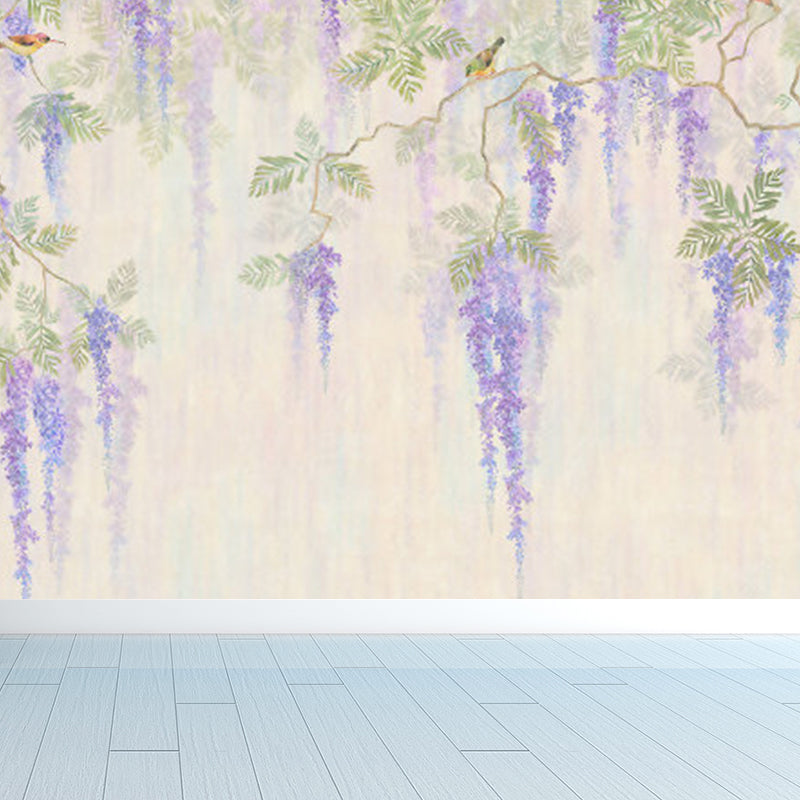 Full Size Illustration Modern Mural Decal with Flowers Trees and Birds in Soft Color Clearhalo 'Wall Decor' 'Wall Mural' 1920913