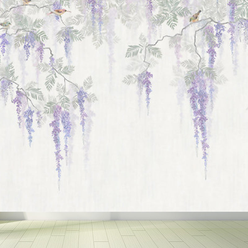 Full Size Illustration Modern Mural Decal with Flowers Trees and Birds in Soft Color White Clearhalo 'Wall Decor' 'Wall Mural' 1920916