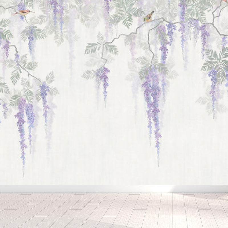 Full Size Illustration Modern Mural Decal with Flowers Trees and Birds in Soft Color Clearhalo 'Wall Decor' 'Wall Mural' 1920917