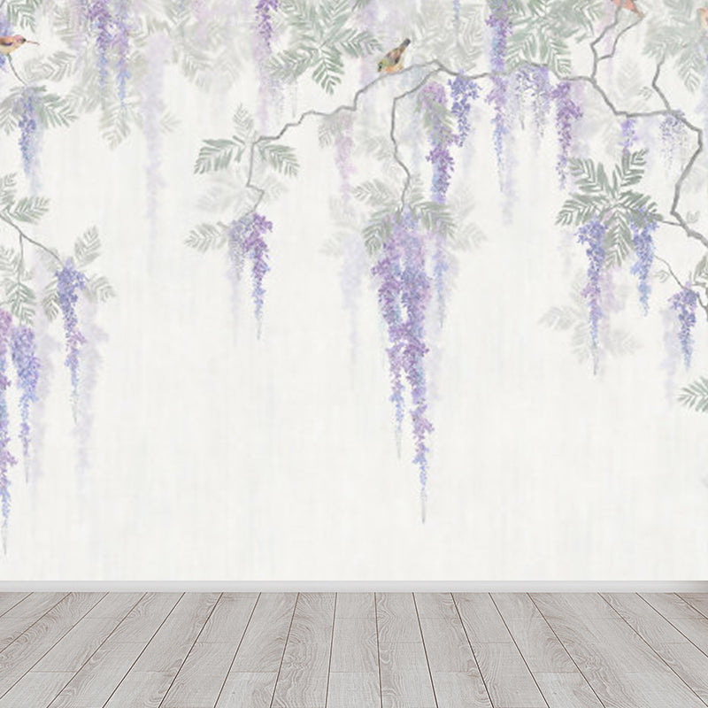 Full Size Illustration Modern Mural Decal with Flowers Trees and Birds in Soft Color Clearhalo 'Wall Decor' 'Wall Mural' 1920918