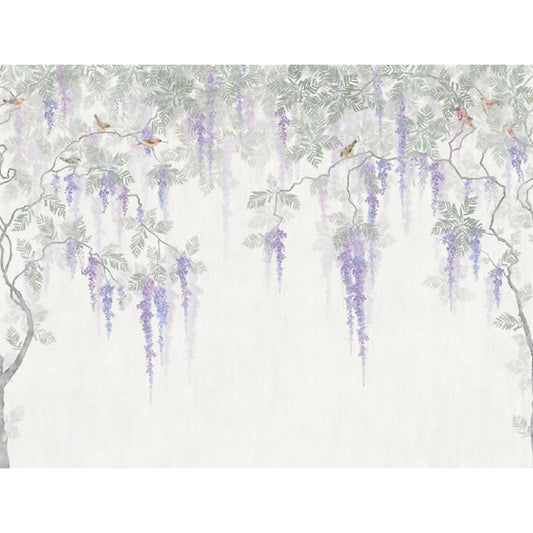 Full Size Illustration Modern Mural Decal with Flowers Trees and Birds in Soft Color Clearhalo 'Wall Decor' 'Wall Mural' 1920919