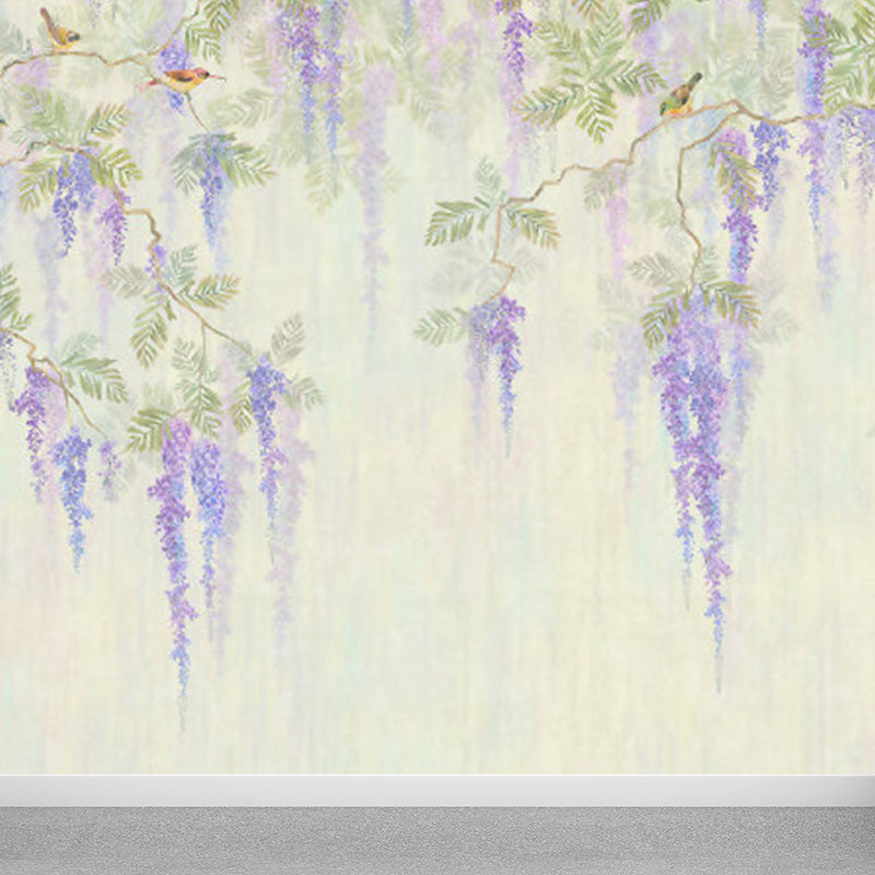 Full Size Illustration Modern Mural Decal with Flowers Trees and Birds in Soft Color Light Green Clearhalo 'Wall Decor' 'Wall Mural' 1920921