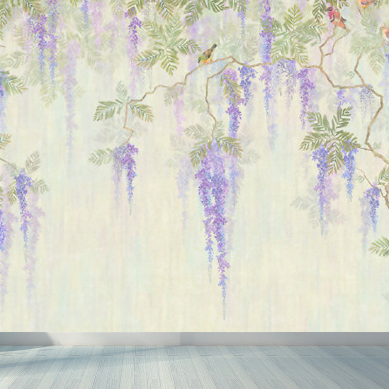 Full Size Illustration Modern Mural Decal with Flowers Trees and Birds in Soft Color Clearhalo 'Wall Decor' 'Wall Mural' 1920923