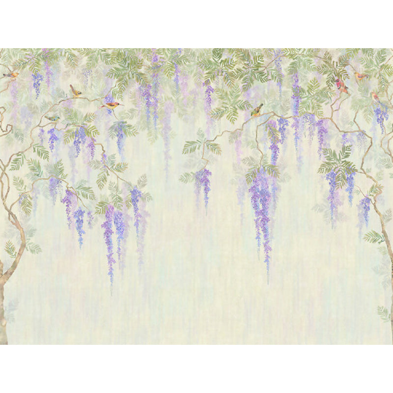 Full Size Illustration Modern Mural Decal with Flowers Trees and Birds in Soft Color Clearhalo 'Wall Decor' 'Wall Mural' 1920924
