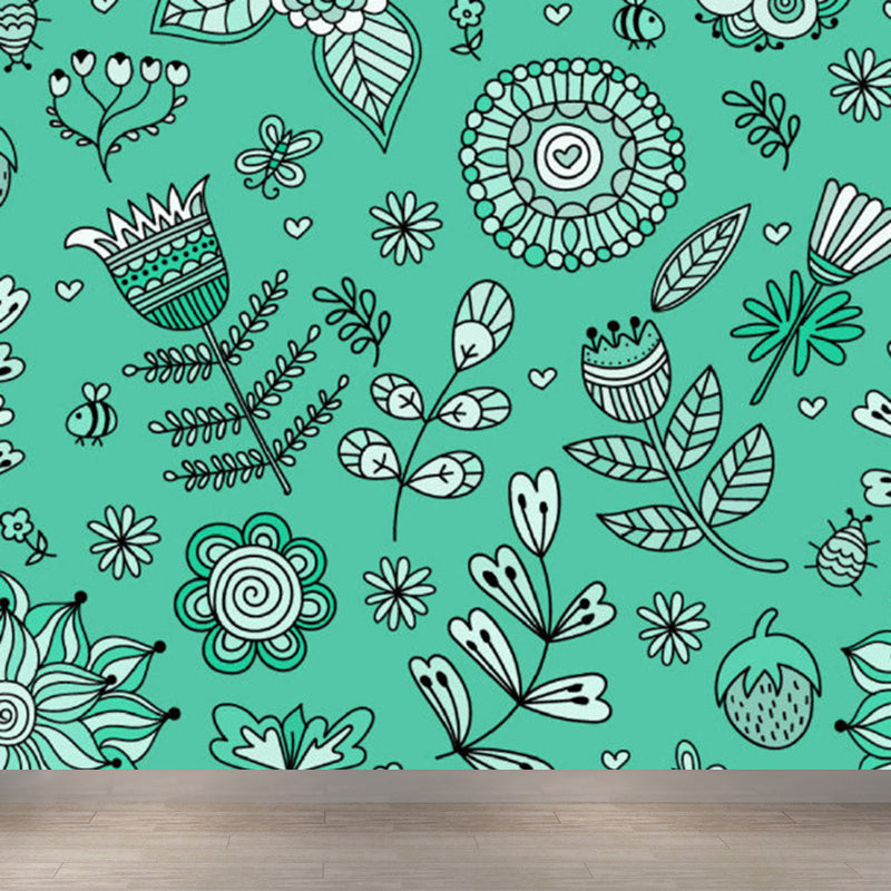 Diverse Flowers Print Wall Mural for Dining Room Florentine Wall Decor, Customised Green Clearhalo 'Wall Decor' 'Wall Mural' 1920946