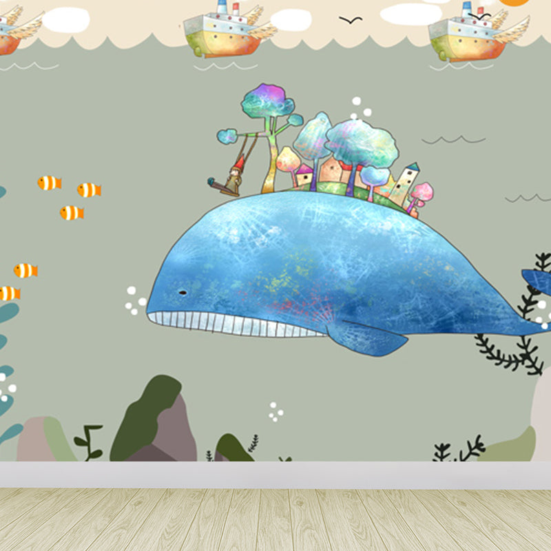 Non-Woven Decorative Mural Children's Art Cartoon Animals Wall Decor, Custom Printed Blue Clearhalo 'Wall Decor' 'Wall Mural' 1921071