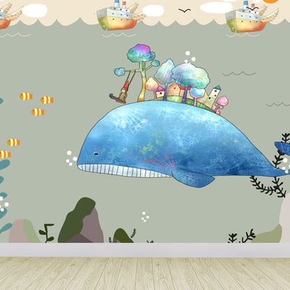 Non-Woven Decorative Mural Children's Art Cartoon Animals Wall Decor, Custom Printed Blue Clearhalo 'Wall Decor' 'Wall Mural' 1921071