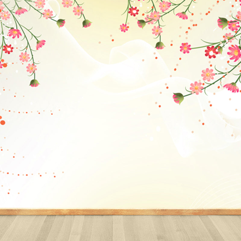 Contemporary Flower Branch Mural Soft Color Stain-Proofing Wall Art for Playroom Pink Clearhalo 'Wall Decor' 'Wall Mural' 1921081