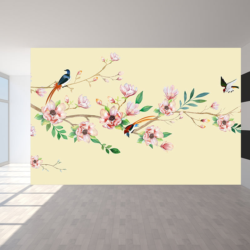 Contemporary Flower Branch Mural Soft Color Stain-Proofing Wall Art for Playroom Beige Clearhalo 'Wall Decor' 'Wall Mural' 1921096
