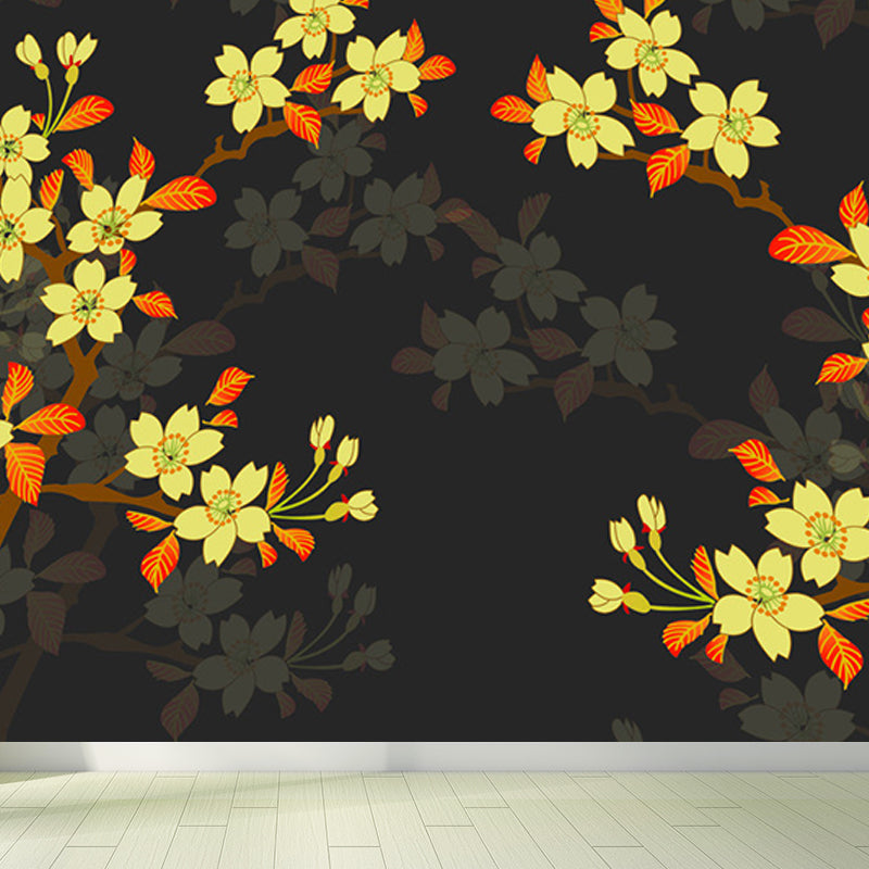 Contemporary Flower Branch Mural Soft Color Stain-Proofing Wall Art for Playroom Yellow Clearhalo 'Wall Decor' 'Wall Mural' 1921101