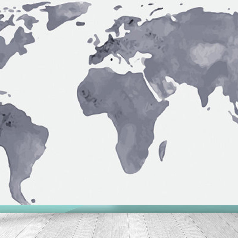 Illustration Style World Map Mural Decal for Living Room, Pastel Color, Personalized Grey Clearhalo 'Wall Decor' 'Wall Mural' 1921486