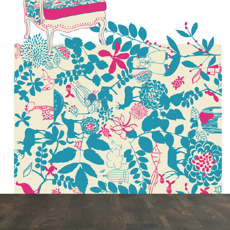 Pastel Color Flower Print Mural Wallpaper Moisture-Proof Wall Art for Dining Room Blue Clearhalo 'Wall Decor' 'Wall Mural' 1921576