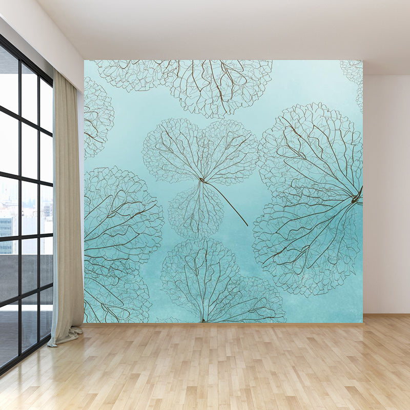 Illustration Style Botanical Wall Mural Giant Wall Covering for Dining Room, Custom Blue Clearhalo 'Wall Decor' 'Wall Mural' 1921606