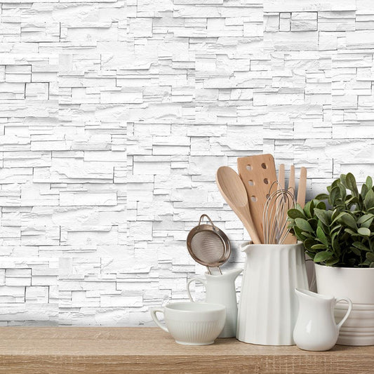 White Brick Wallpaper Panel Set Self-Sticking Simple Style Kitchen Wall Art, 8' L x 4" W White Clearhalo 'Country wall decor' 'Rustic' 'Wallpaper' Wall Decor' 1921731