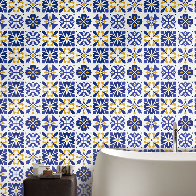 Blue Flower Print Wallpapers Self-Sticking Bohemian Kitchen Wall Art, 3.5' L x 8" W Blue Clearhalo 'Wall Decor' 'Wallpaper' 1921884