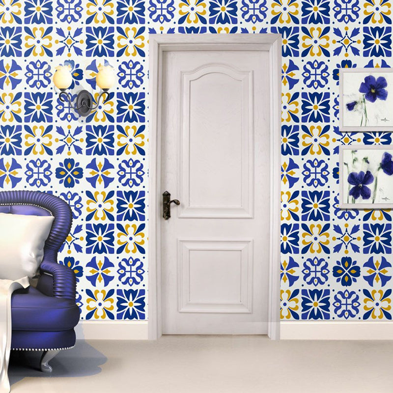 Blue Flower Print Wallpapers Self-Sticking Bohemian Kitchen Wall Art, 3.5' L x 8" W Clearhalo 'Wall Decor' 'Wallpaper' 1921885