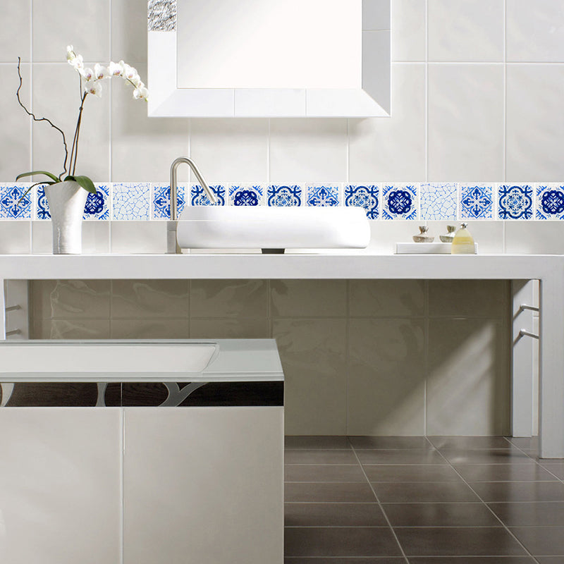 Blue Painted Flower Wallpapers Stick On Boho Washroom Wall Art, 5.8-sq ft (54 Pieces) Clearhalo 'Wall Decor' 'Wallpaper' 1921899