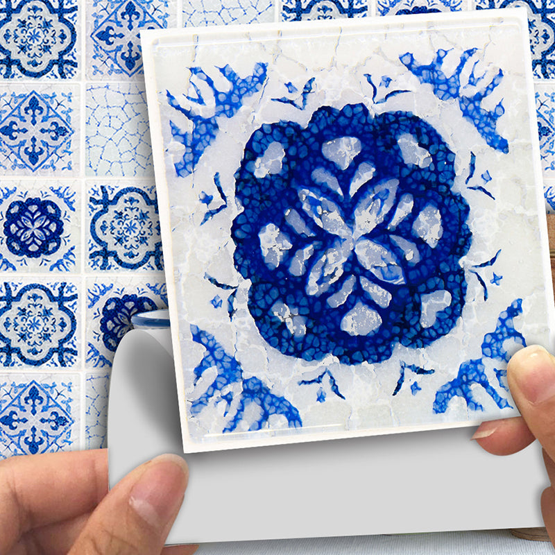 Blue Painted Flower Wallpapers Stick On Boho Washroom Wall Art, 5.8-sq ft (54 Pieces) Clearhalo 'Wall Decor' 'Wallpaper' 1921900