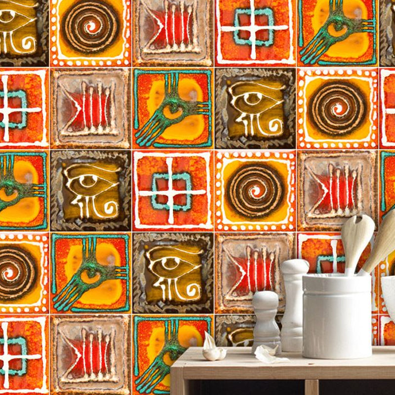 Orange Tribal Pattern Wallpaper Panels Adhesive Boho-Chic Living Room Wall Covering (50 Pcs) Orange 1 Set Clearhalo 'Wall Decor' 'Wallpaper' 1921903