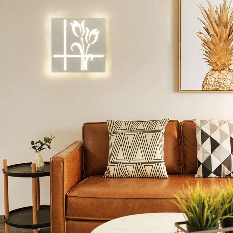 Modern Style Square Wall Sconce with Plant Metal Wall Light in White for Bathroom White A Clearhalo 'Wall Lamps & Sconces' 'Wall Lights' Lighting' 192191