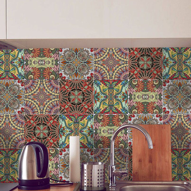 Botanics Indian Pattern Wallpaper Panels 50 Pcs Boho PVC Wall Covering in Red, Self-Stick Clearhalo 'Wall Decor' 'Wallpaper' 1921918