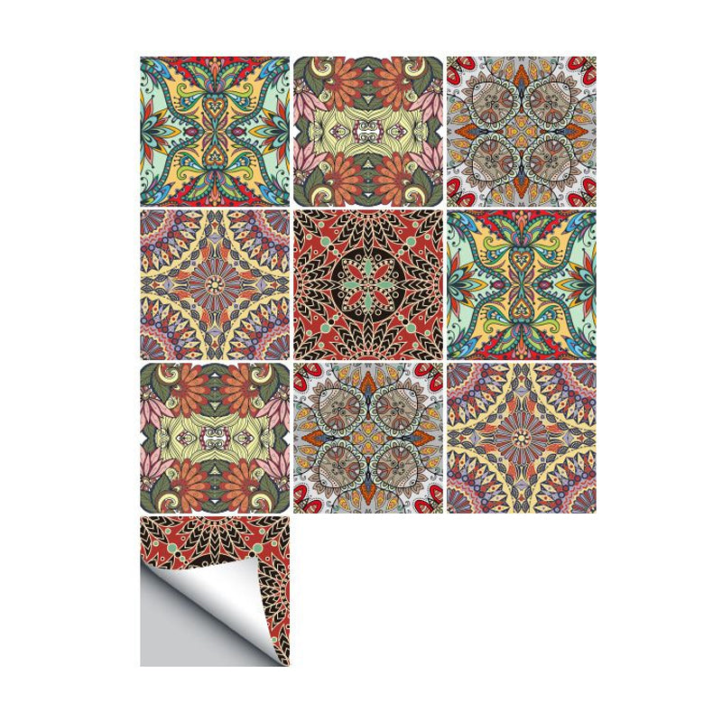 Botanics Indian Pattern Wallpaper Panels 50 Pcs Boho PVC Wall Covering in Red, Self-Stick Clearhalo 'Wall Decor' 'Wallpaper' 1921920