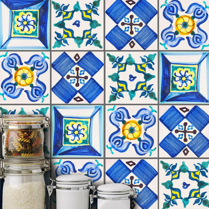 Blue Bohemia Stick Wallpaper Panels 50 Pieces 6' x 6" Hand-Print Flower Wall Art for Home Blue 1 Set Clearhalo 'Wall Decor' 'Wallpaper' 1921927