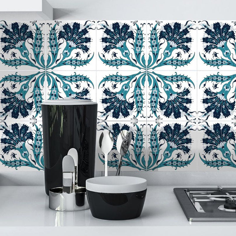 Bohemia Peacock Tails Wallpaper Panel in Blue 50 Pcs Kitchen Adhesive Wall Decor, 6' L x 6" W Clearhalo 'Wall Decor' 'Wallpaper' 1921936
