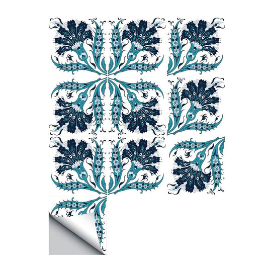 Bohemia Peacock Tails Wallpaper Panel in Blue 50 Pcs Kitchen Adhesive Wall Decor, 6' L x 6" W Clearhalo 'Wall Decor' 'Wallpaper' 1921938