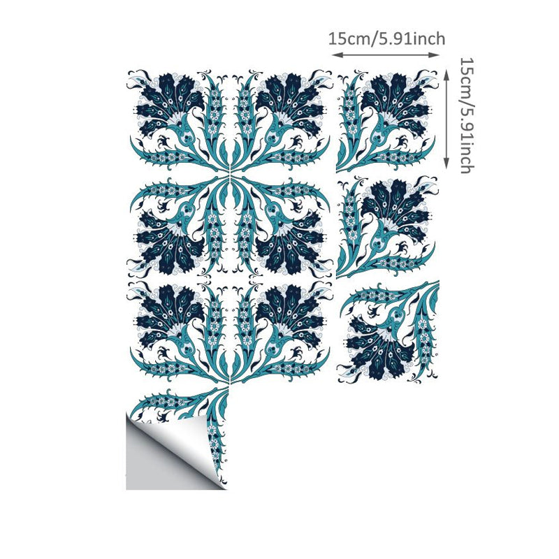 Bohemia Peacock Tails Wallpaper Panel in Blue 50 Pcs Kitchen Adhesive Wall Decor, 6' L x 6" W Clearhalo 'Wall Decor' 'Wallpaper' 1921939