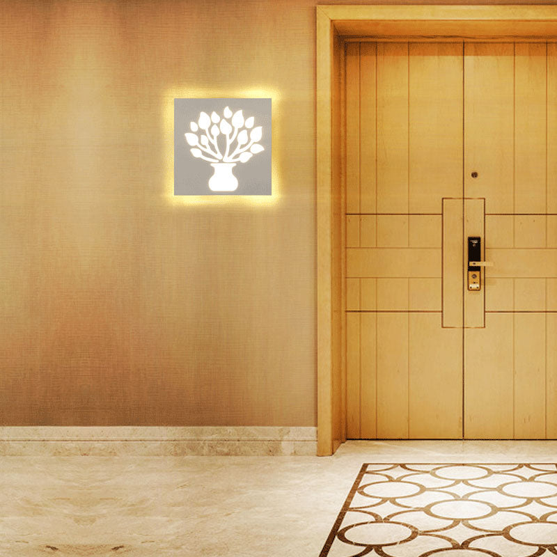 Modern Style Square Wall Sconce with Plant Metal Wall Light in White for Bathroom White C Clearhalo 'Wall Lamps & Sconces' 'Wall Lights' Lighting' 192195